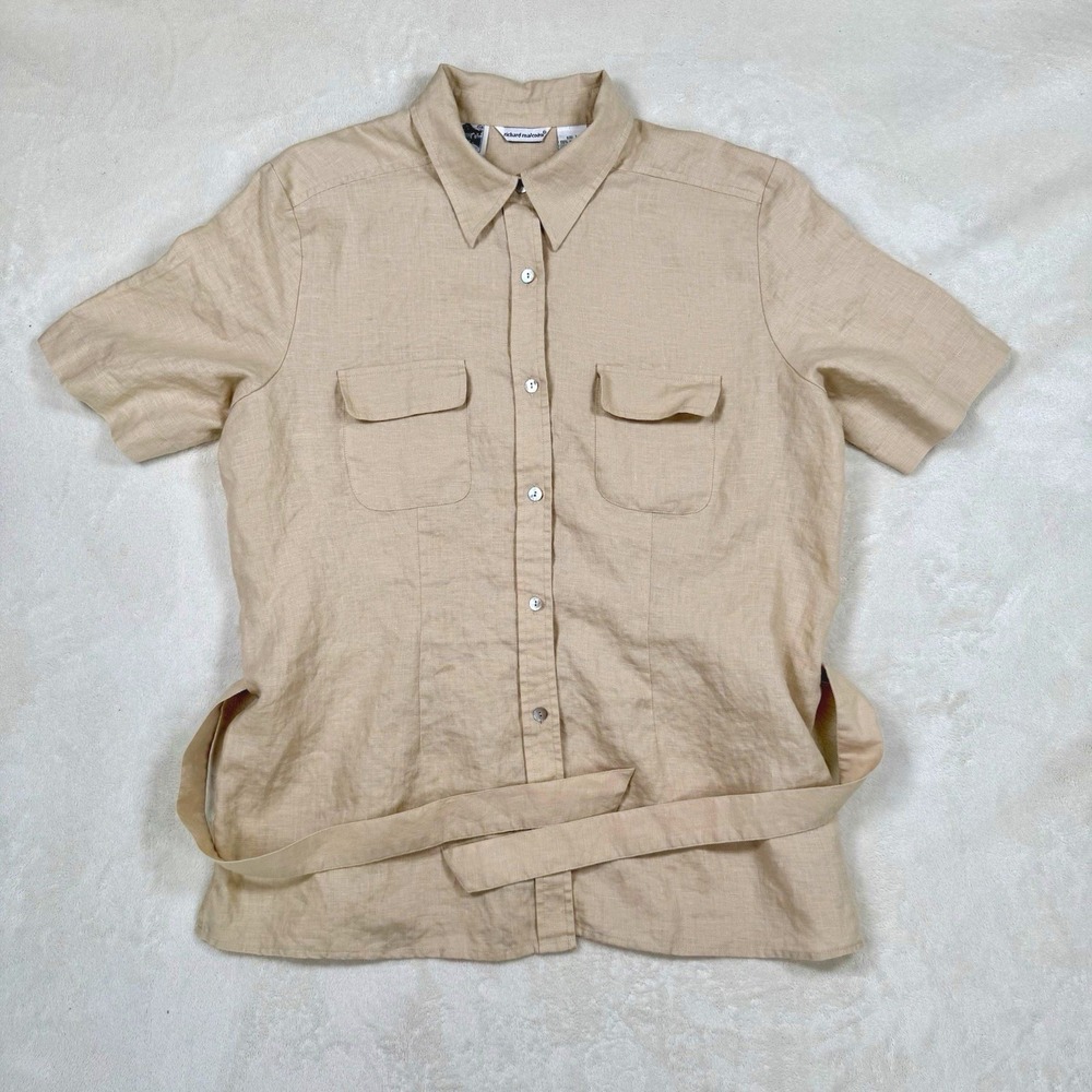 Richard Malcolm Safari Shirt Women Large Beige Linen Cotton Utility Short Sleeve - Picture 3 of 10